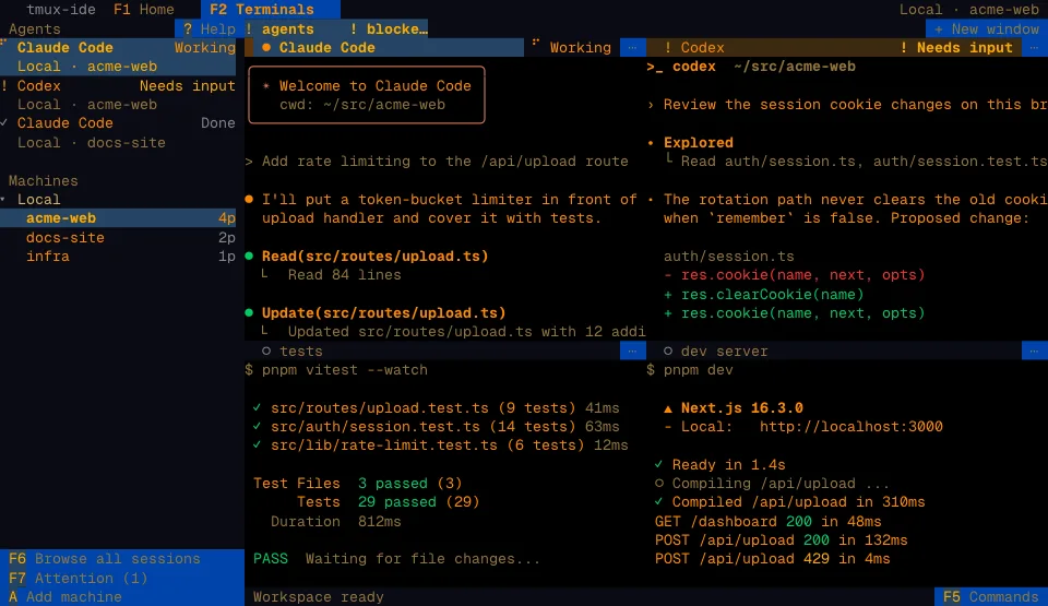 The tmux-ide app in the Amber theme (dark)