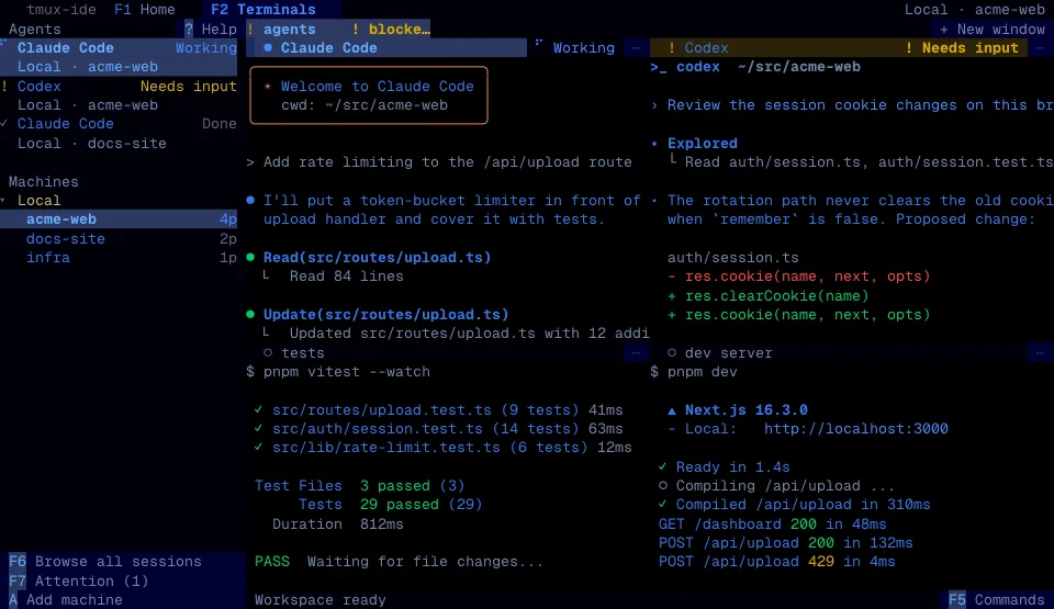 The tmux-ide app in the Blue Phosphor theme (dark)