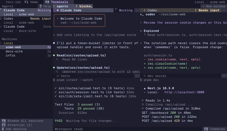 The tmux-ide app in the Catppuccin Mocha theme (dark)