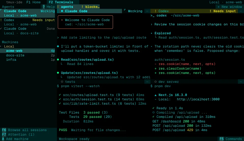 The tmux-ide app in the Cyan theme (dark)