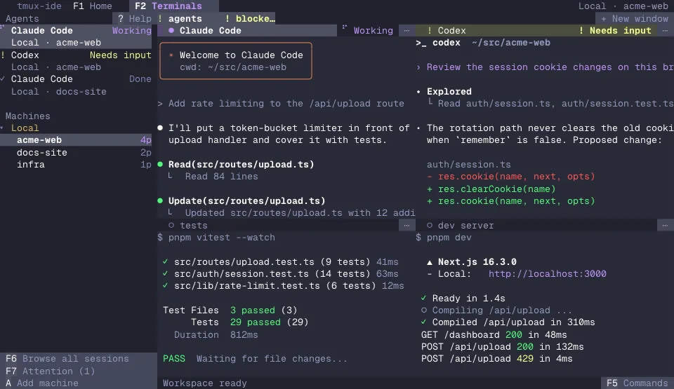 The tmux-ide app in the Dracula theme (dark)