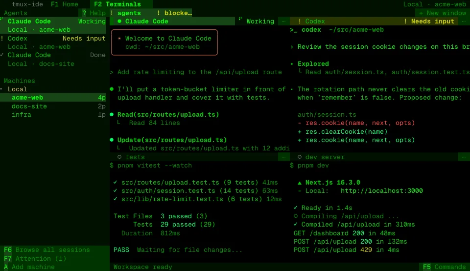 The tmux-ide app in the Green Phosphor theme (dark)