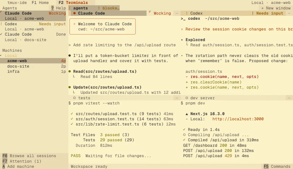 The tmux-ide app in the Gruvbox Light theme (light)