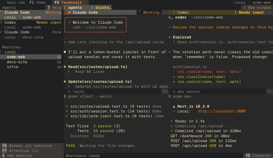 The tmux-ide app in the Gruvbox Dark theme (dark)