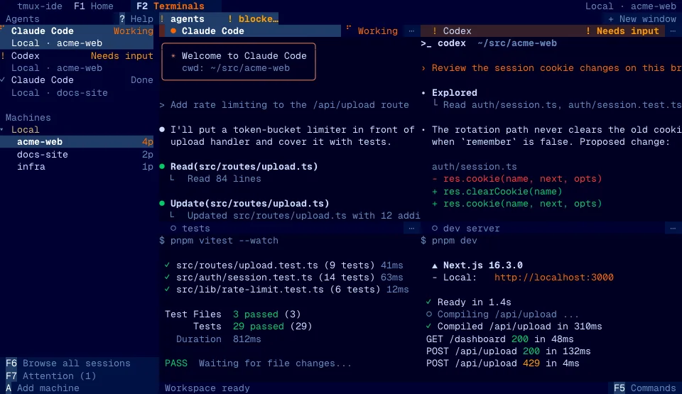 The tmux-ide app in the Midnight Blue theme (dark)