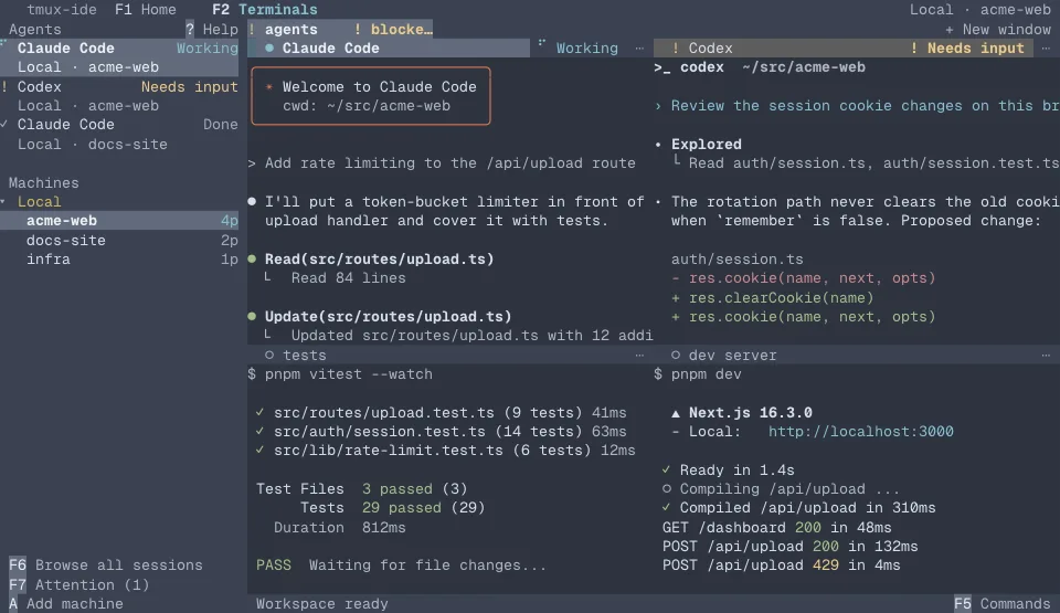 The tmux-ide app in the Nord theme (dark)