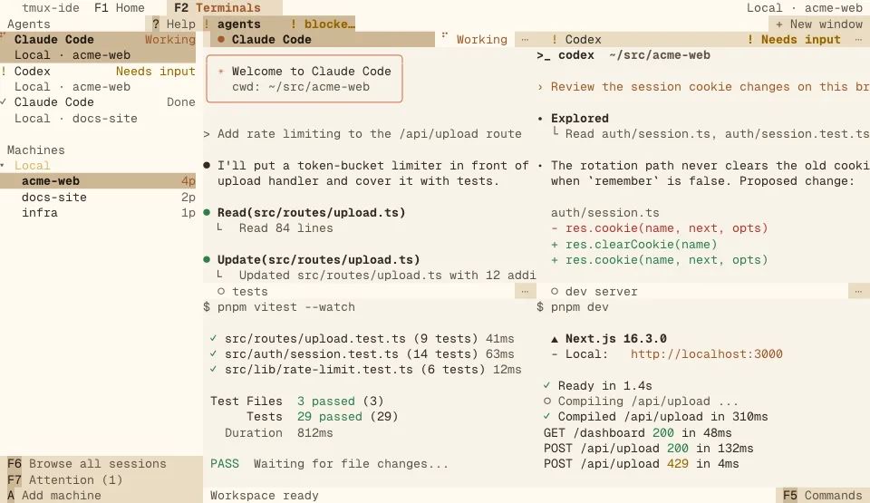 The tmux-ide app in the Paper theme (light)