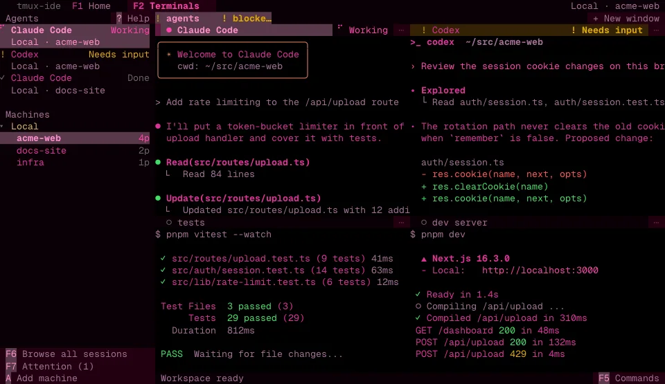 The tmux-ide app in the Hot Pink theme (dark)