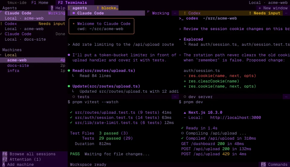 The tmux-ide app in the Purple Phosphor theme (dark)