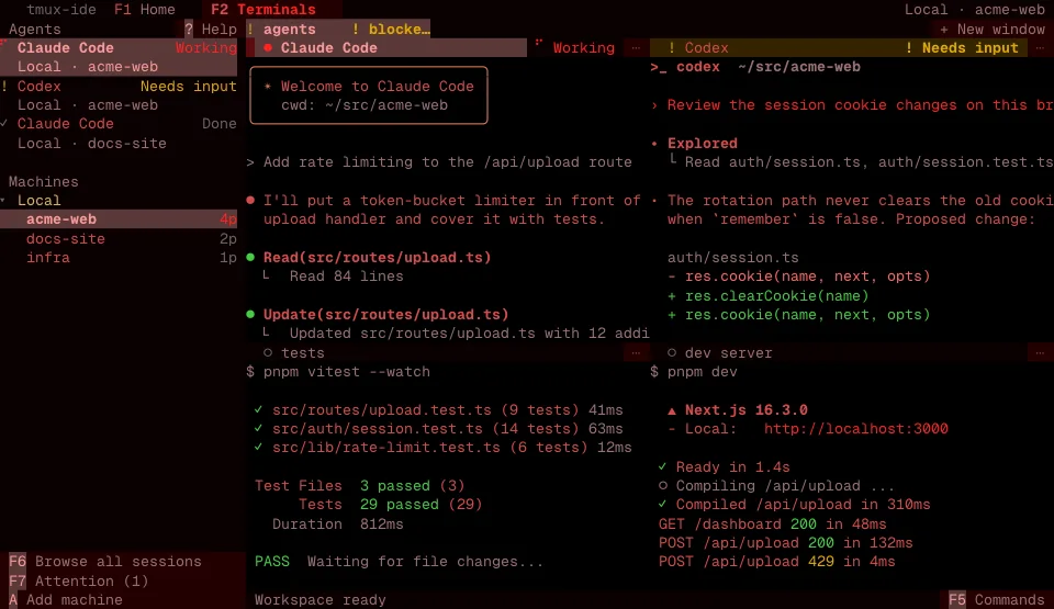 The tmux-ide app in the Red Phosphor theme (dark)