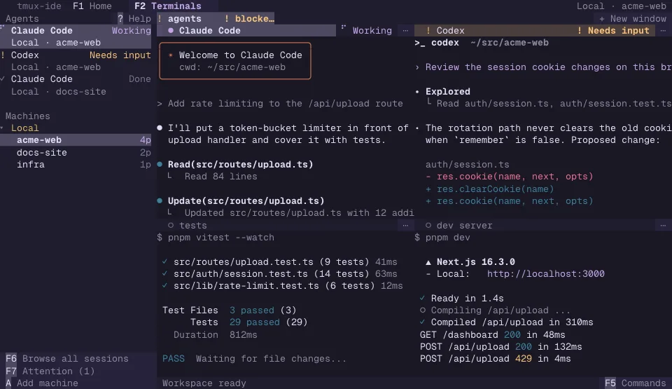 The tmux-ide app in the Rose Pine theme (dark)