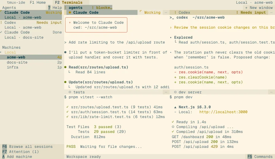 The tmux-ide app in the Solarized Light theme (light)