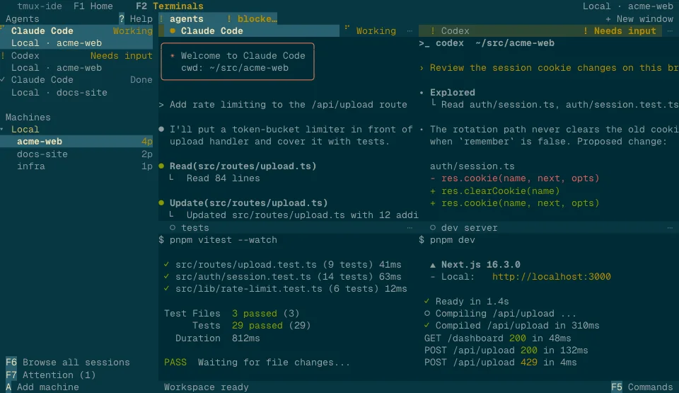 The tmux-ide app in the Solarized Dark theme (dark)