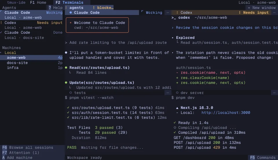 The tmux-ide app in the Tokyo Night theme (dark)