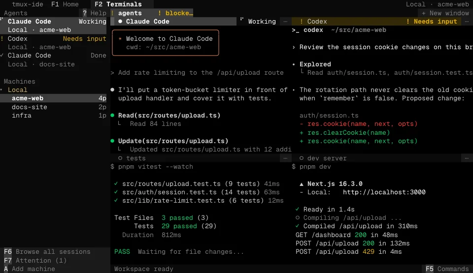 The tmux-ide app in the White Phosphor theme (dark)